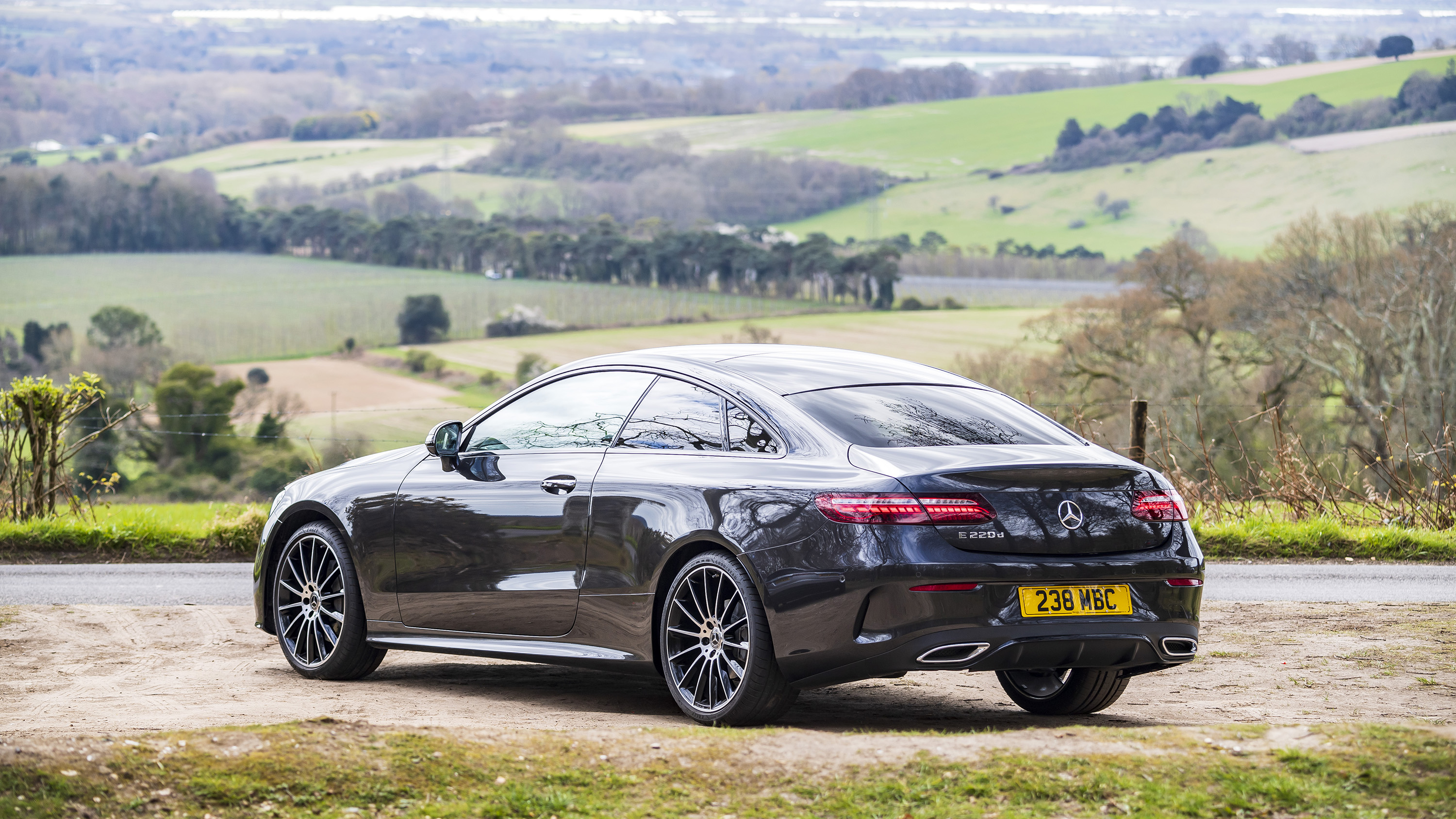 Mercedes E220d Coupe black rear three quarter