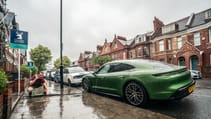 Porsche Taycan 4S EV recharging at home wallbox no driveway on street