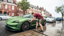 Porsche Taycan 4S EV recharging at home wallbox no driveway on street