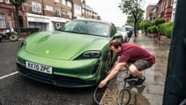 Porsche Taycan 4S EV recharging at home wallbox no driveway on street