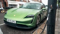 Porsche Taycan 4S EV recharging at home wallbox no driveway on street