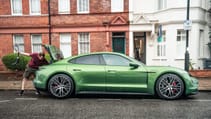 Porsche Taycan 4S EV recharging at home wallbox no driveway on street