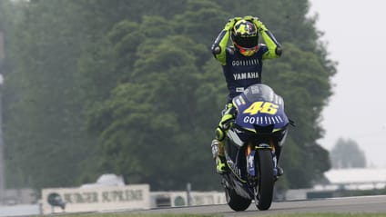 Valentino Rossi celebrates wet Donington Park win in 2005