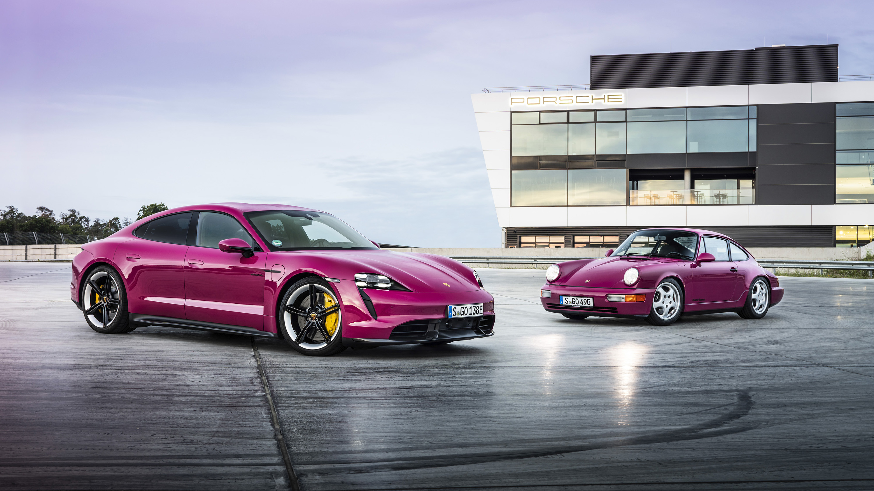 Porsche Taycan Turbo S and Porsche 911 964 in Rubystone Red