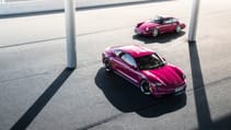 Porsche Taycan Turbo S and Porsche 911 964 in Ruby Star