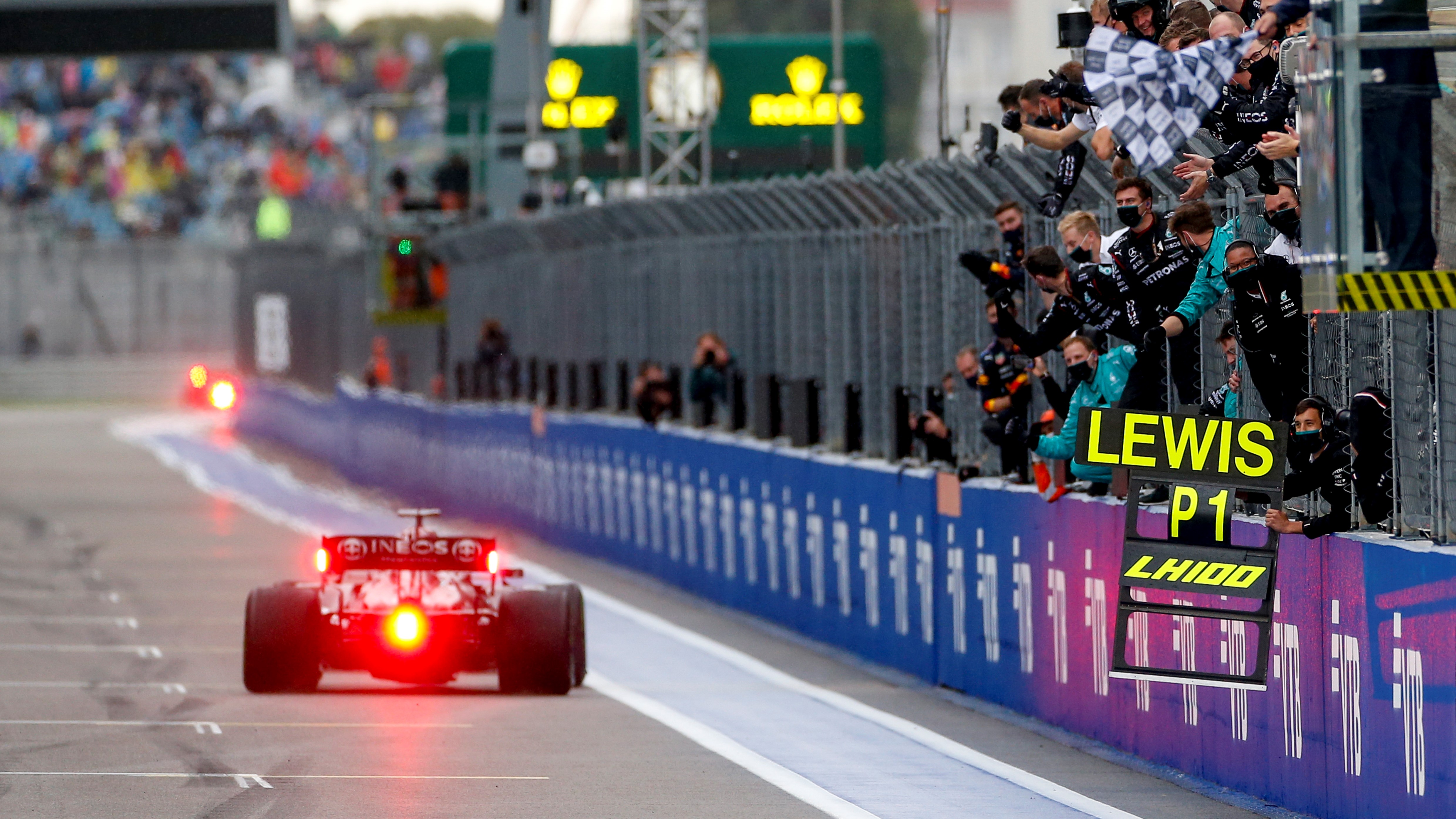 Lewis Hamilton 100 wins chequered flag