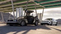 DeLorean and Porsche Taycan Turbo S for Back to the Future day charging station