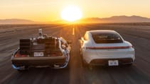 DeLorean and Porsche Taycan Turbo S for Back to the Future day