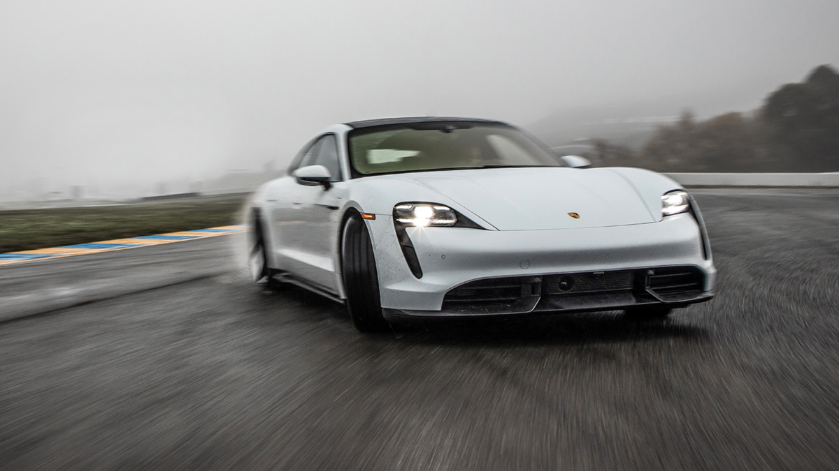 Porsche Taycan Turbo S on track sideways