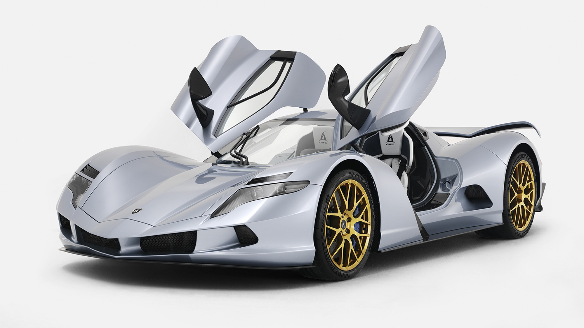 Aspark Owl EV hypercar front three quarters doors open