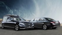 A stylised shot of the Mercedes-Benz E-Class based plug-in hybrid hearse and limo, side by side