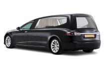 A rear static shot of the Tesla Model S-based all-electric hearse from Coleman Milne and Binz International collaboration