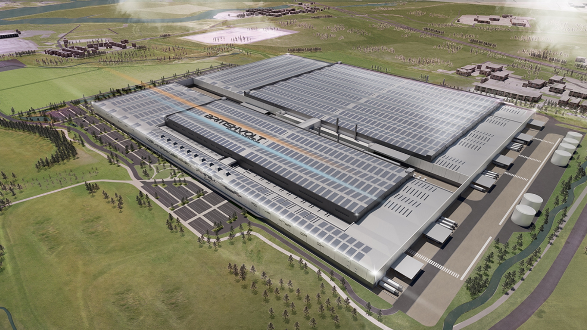 Render of Britishvolt's gigafactory in Blyth from bird's eye view