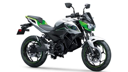 A studio shot of the Kawasaki Z EV taken from the right side of the bike