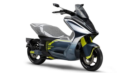 A studio shot of the Yahama-E01 electric scooter taken from the right side of the vehicle