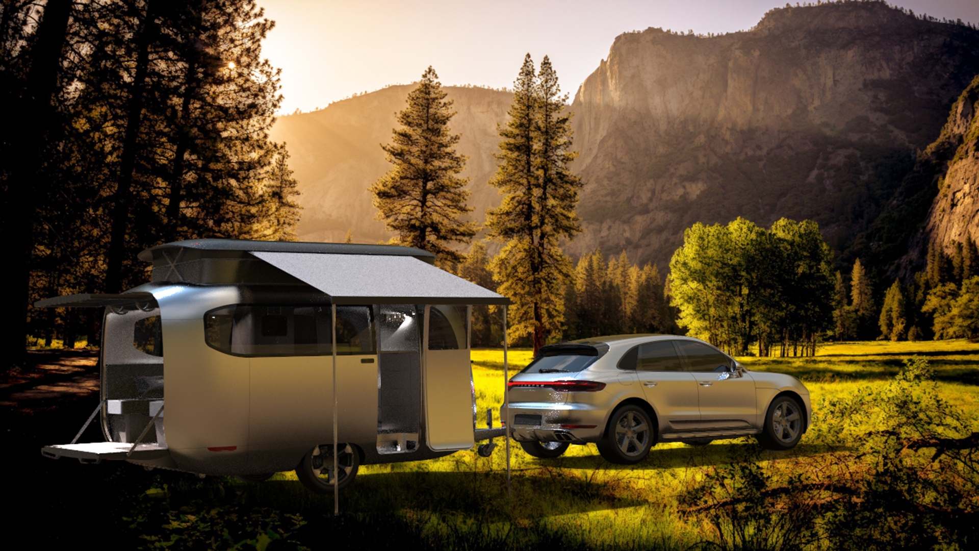 Digital render of forest-scape with Airstream Porsche travel trailer concept opened out, linked to Porsche Macan