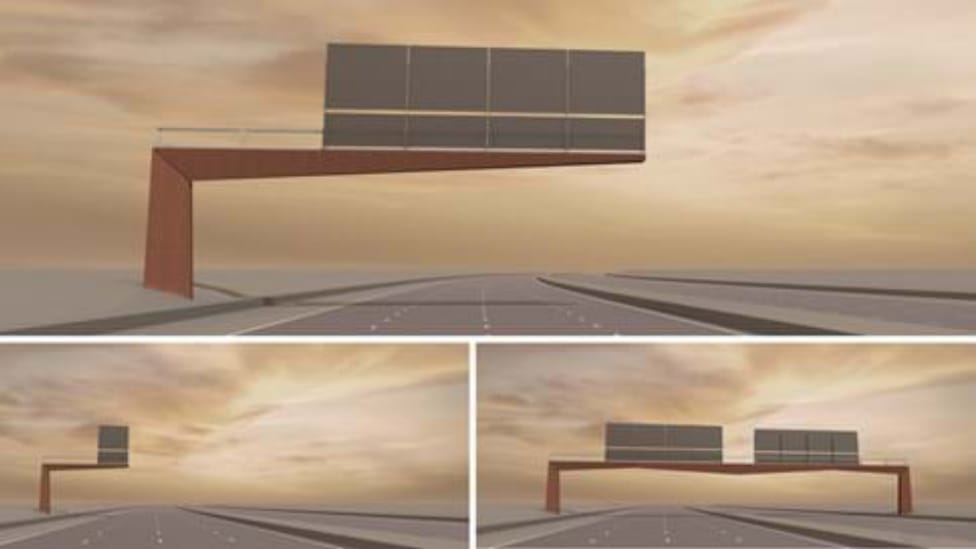 Montage of winning new UK road gantry design from various angles and distances