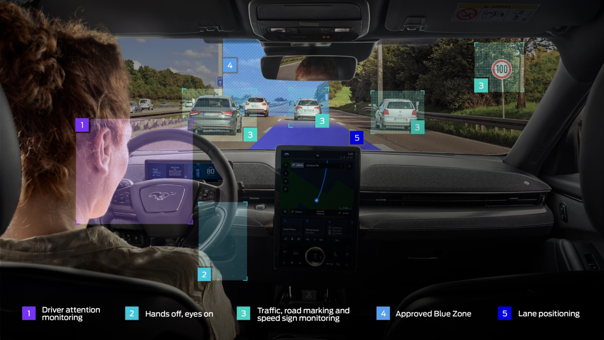 Graphic showing the digitised environment around the car out of the windscreen when car self-piloting