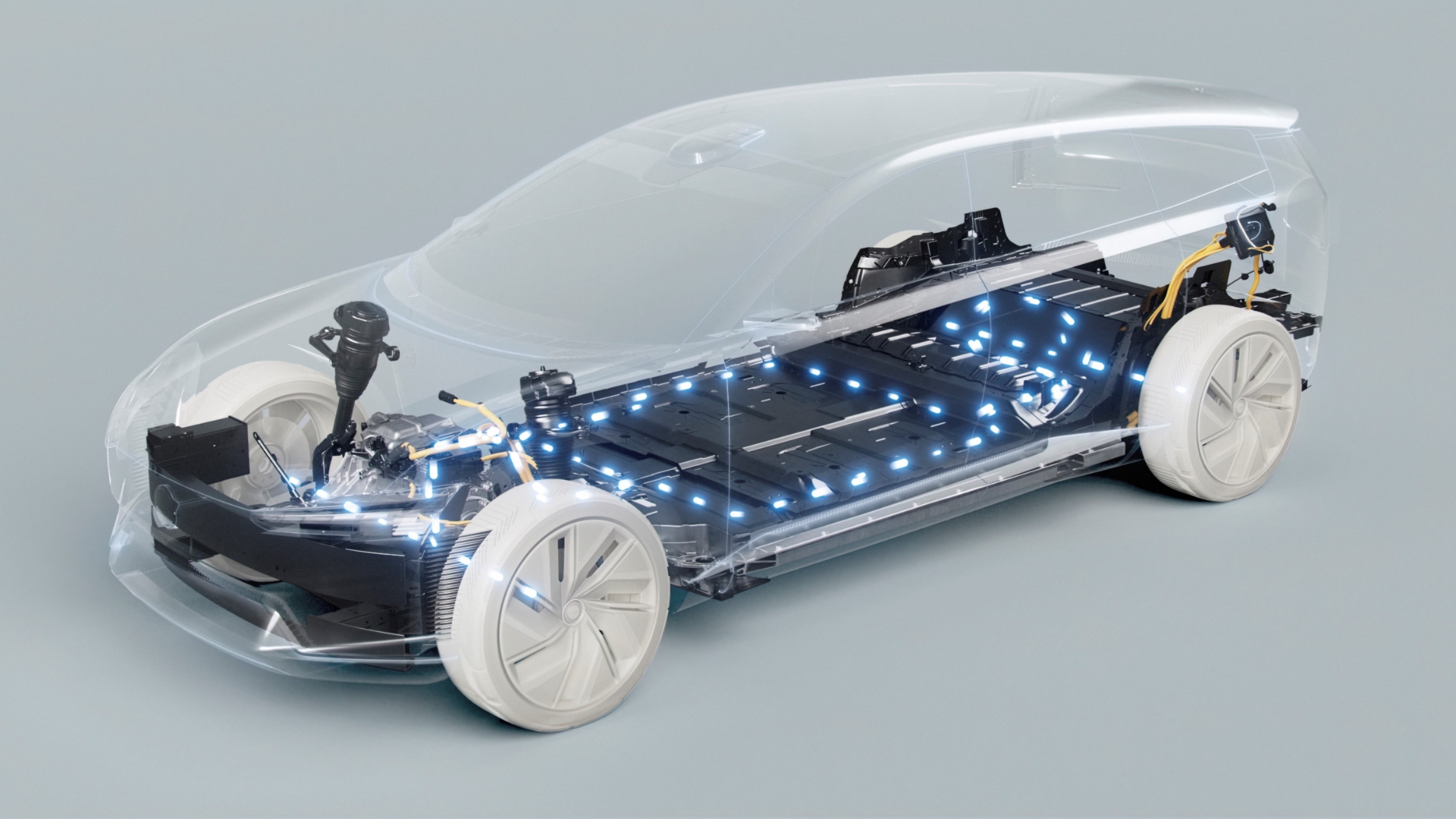 Graphic of a car in a static shot, almost transparent so the battery pack in the floor can be seen