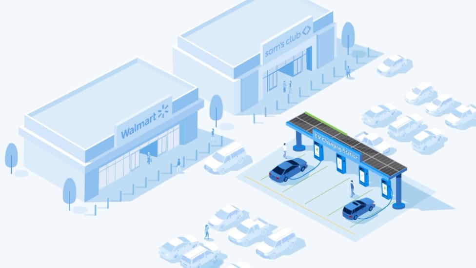 Blue and white graphic illustrating four charge points at branches of Walmart and Sam's Club in a car park