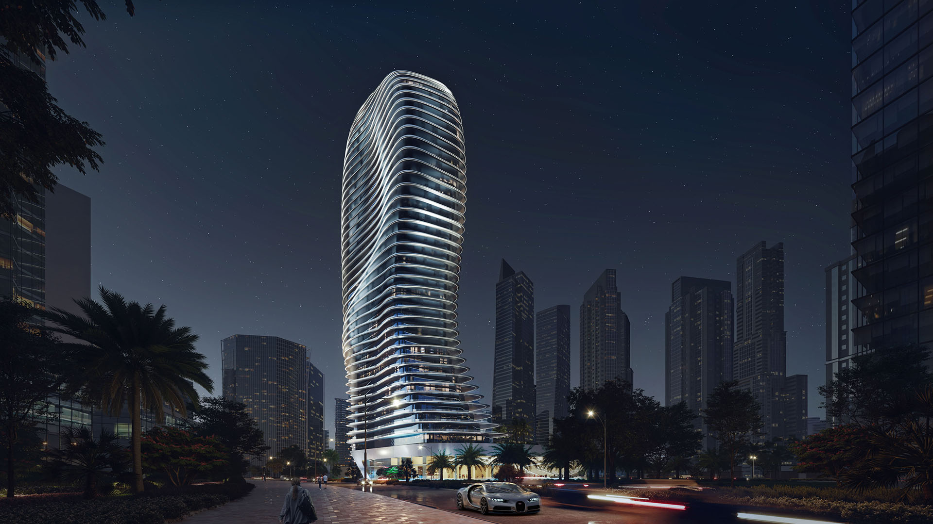 Bugatti Residences render from further away at night