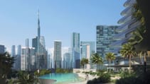 Bugatti Residences view from fake beach, infinity pool with Dubai skyline in background