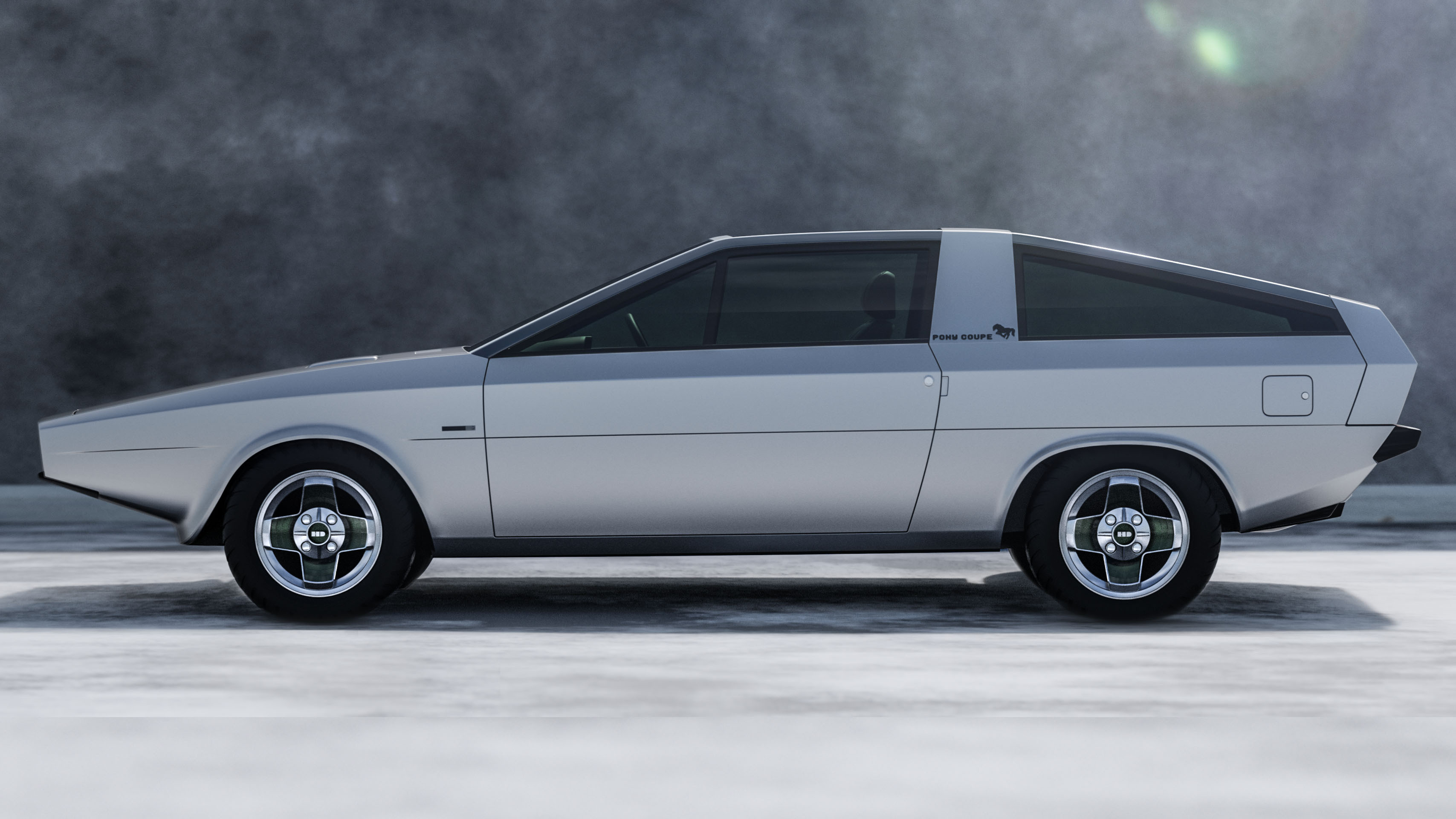 Hyundai Pony Concept Coupe side profile shot against a grey wall