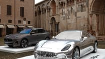 Close up of Maserati Grecale Folgore in Modena's Piazza Grande