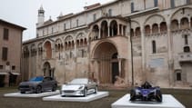 Wider shot of Maserati range in Piazza Grande, Modena