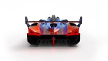 Digital render of new Alpine Le Mans Hypercar in tricolore colours - from rear