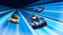 Digital render of new Alpine Le Mans Hypercar in tricolore colours - dynamic with A110R and another car