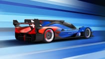 Digital render of new Alpine Le Mans Hypercar in tricolore colours - dynamic three quarter from rear