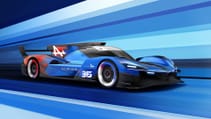 Digital render of new Alpine Le Mans Hypercar in tricolore colours - dynamic from front