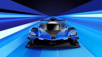 Digital render of new Alpine Le Mans Hypercar in tricolore colours - dynamic from nose