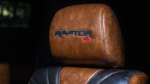 Close up shot of embroided headrest in Vilner-modded Ford Raptor