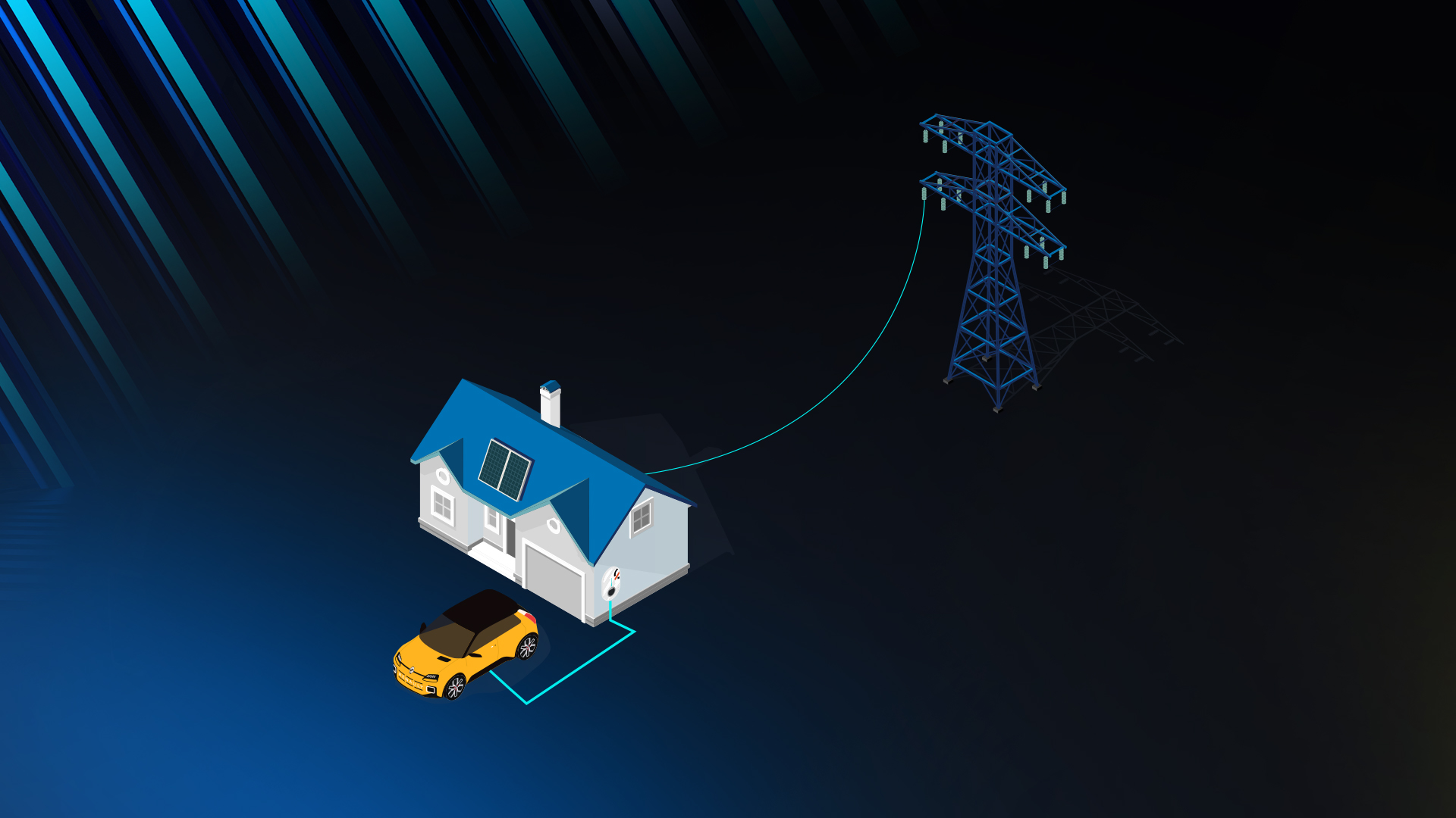 Graphic display of energy coming to and from grid and home via Renault 5