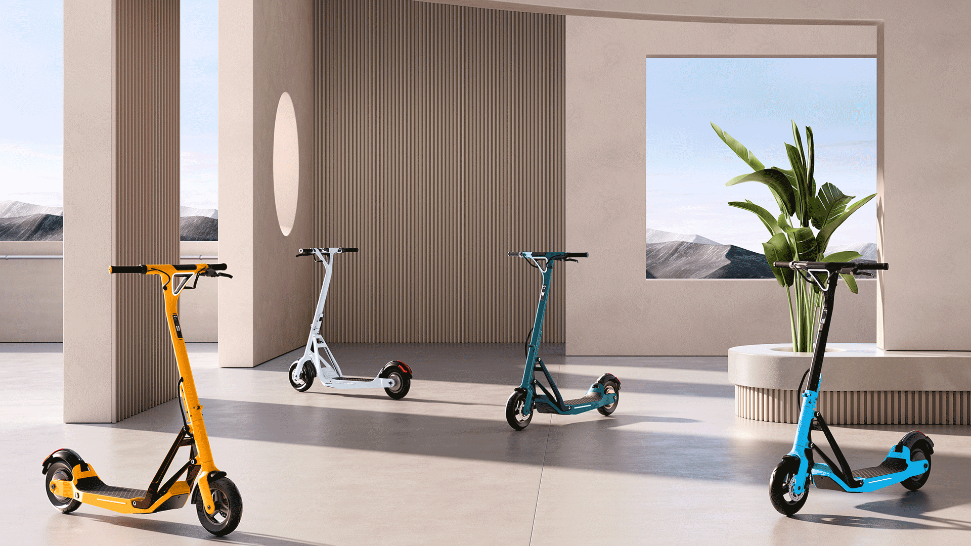 Collection of Lavoie Series 1 e-scooters in all colours in posh room