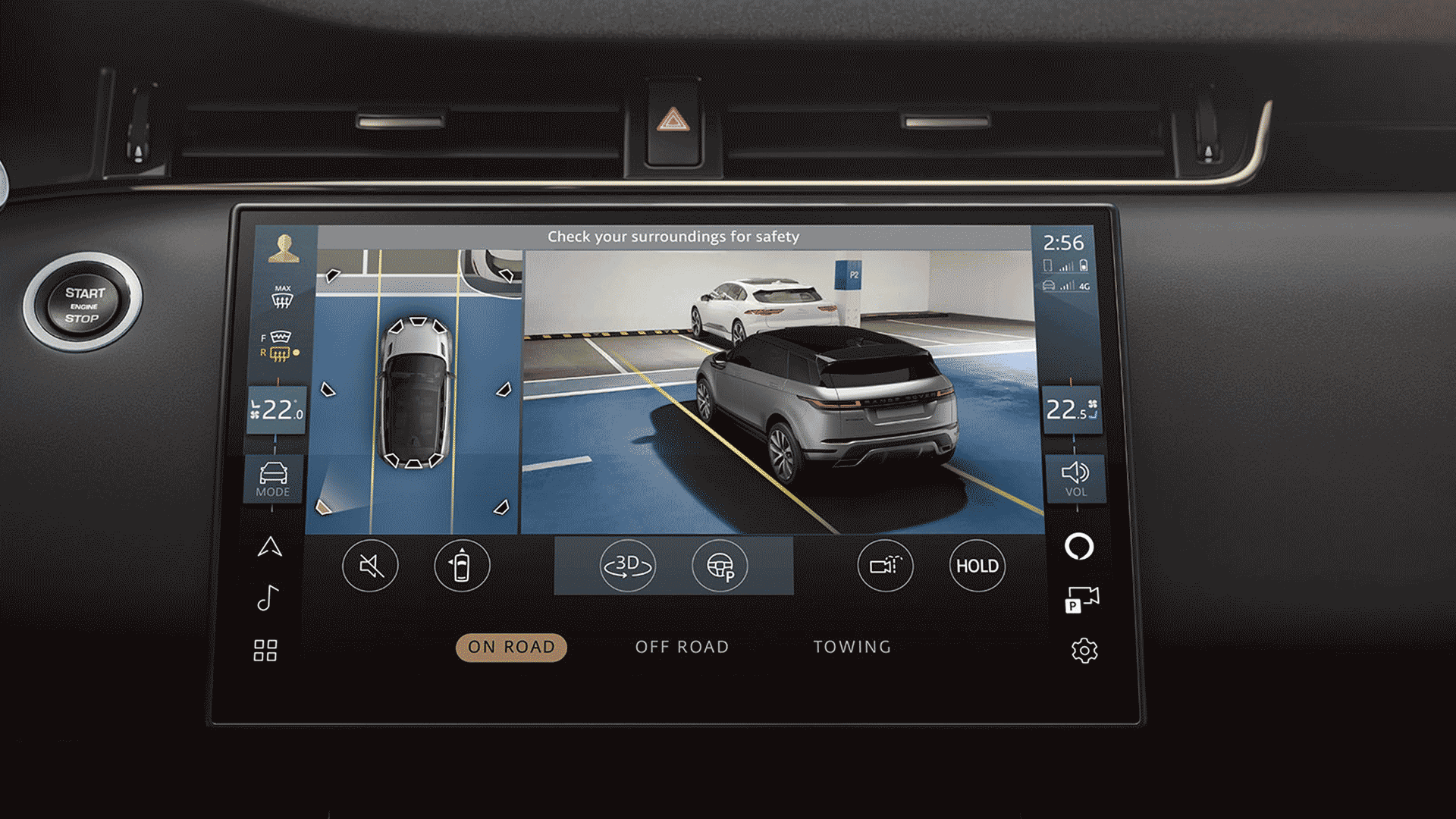 Close up of RR Evoque Pivi Pro infotainment showing parking camera suite projection