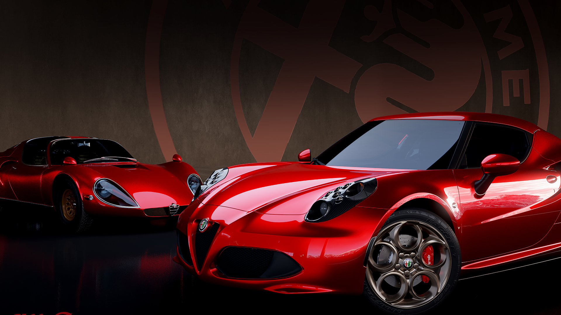 Designer's Cut Alfa Romeo 4C in static shot with 33 Straddle in backdrop