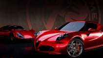 Designer's Cut Alfa Romeo 4C in static shot with 33 Straddle in backdrop