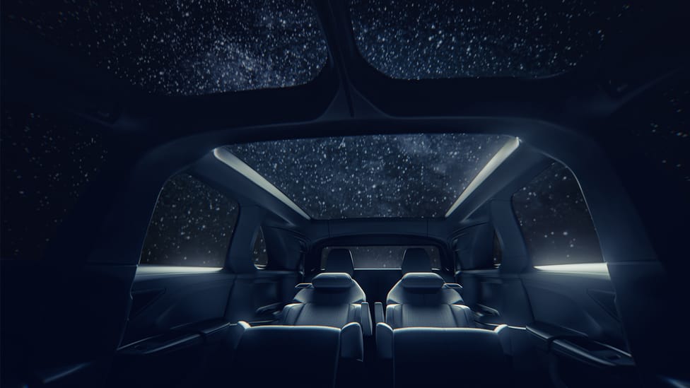 Shot of Lucid Gravity interior looking out of glass roof to night sky