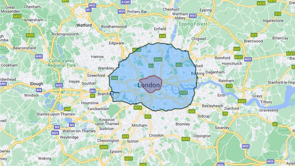 Google Maps showing current ULEZ, CCZ and M25, where proposed expansion will end