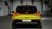 Dead-on rear shot of new Hyundai i20 in hot lime colour