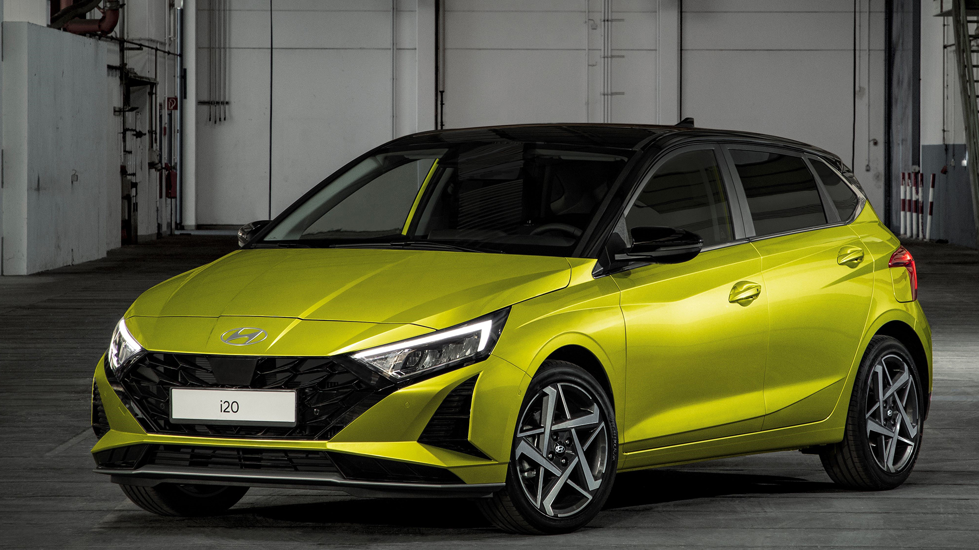 Three quarter shot of new Hyundai i20 in hot lime colour