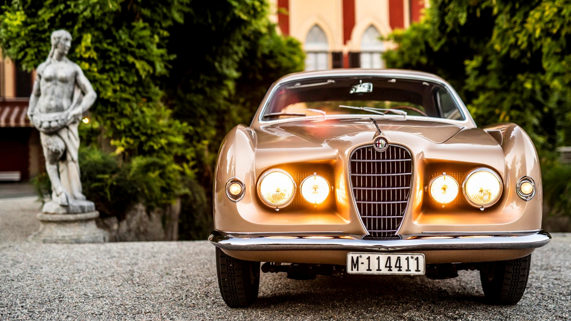 Static shot of Alfa Romeo 1900C Sprint Ghia, front dead on