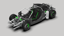 WAE Technologies EVRh chassis as an image render as a rolling chassis from a three-quarter PoV