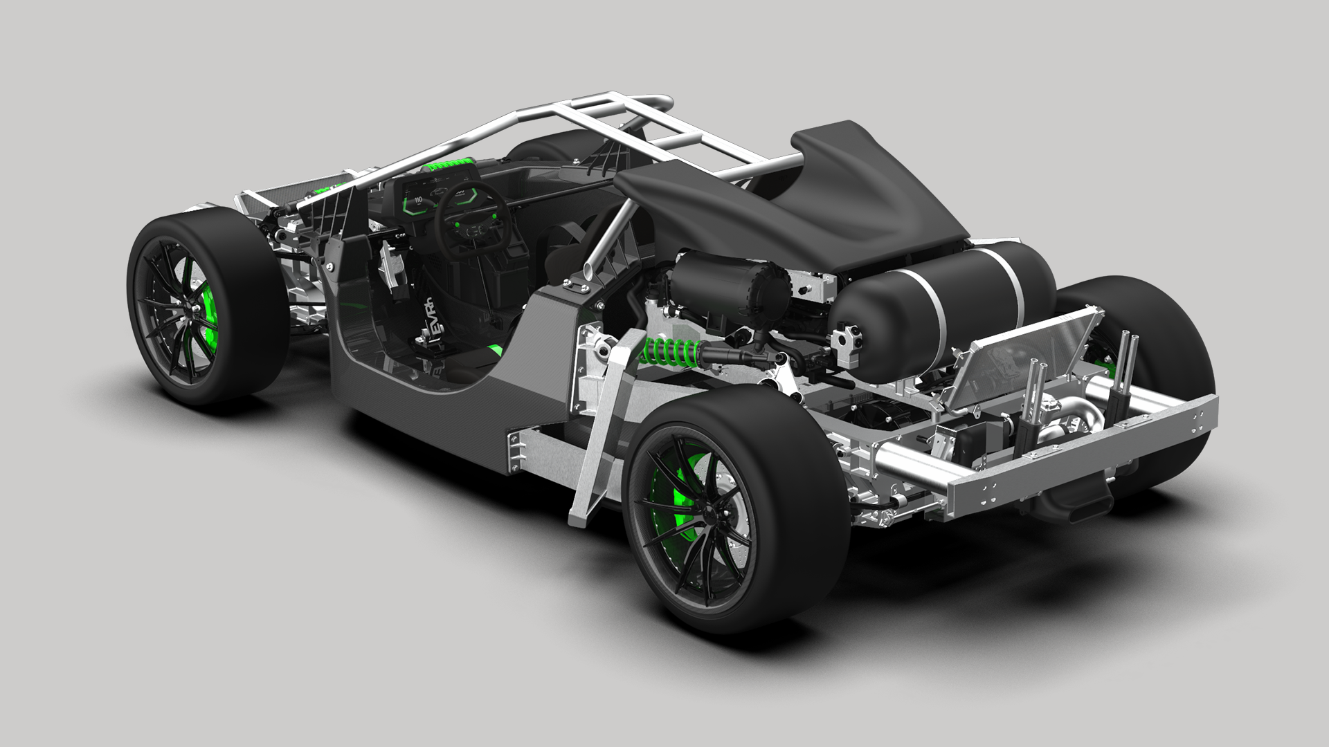 WAE Technologies EVRh chassis as an image render from the rear against a grey backdrop