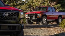 1985 Nissan Hardbody sits in background with new 2024 Nissan Frontier Hardbody Edition in foreground