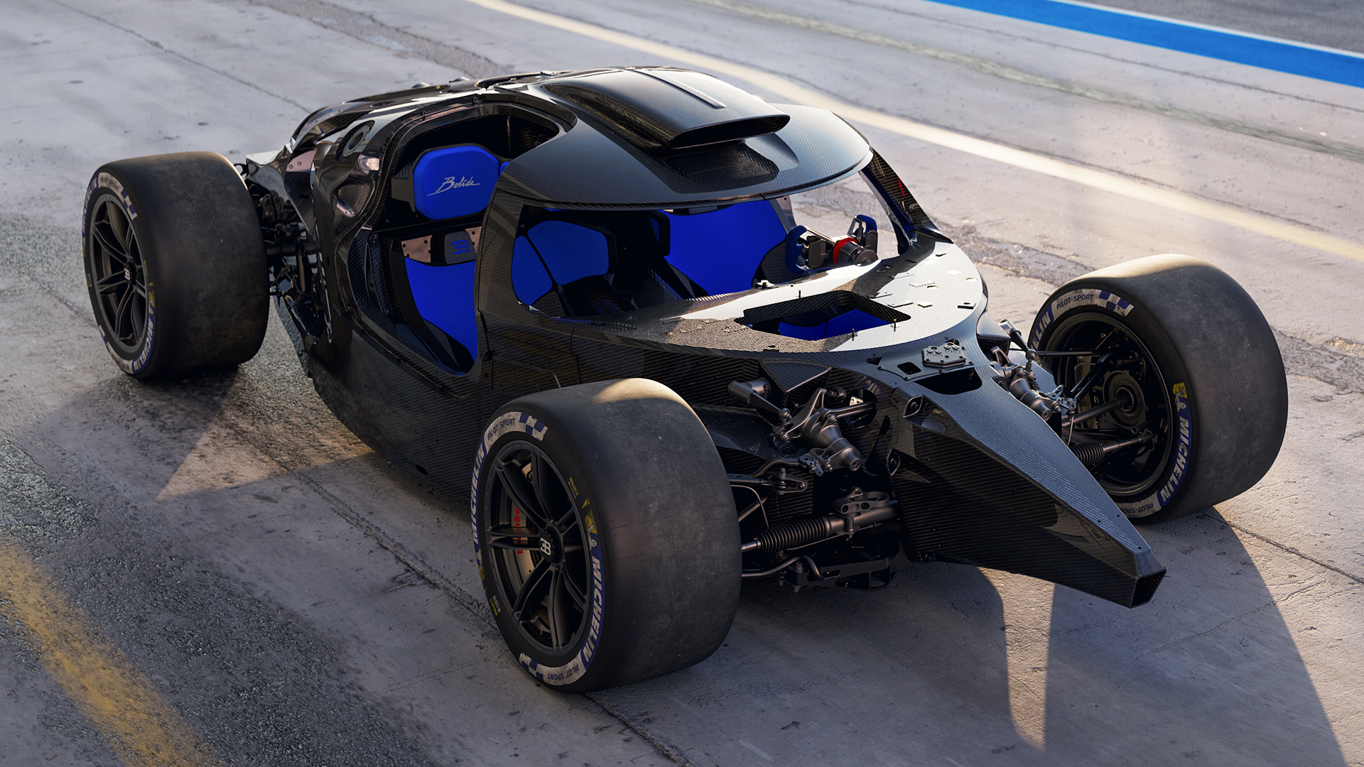 Bugatti Bolide static shot in pit lane, in high-angled front shot