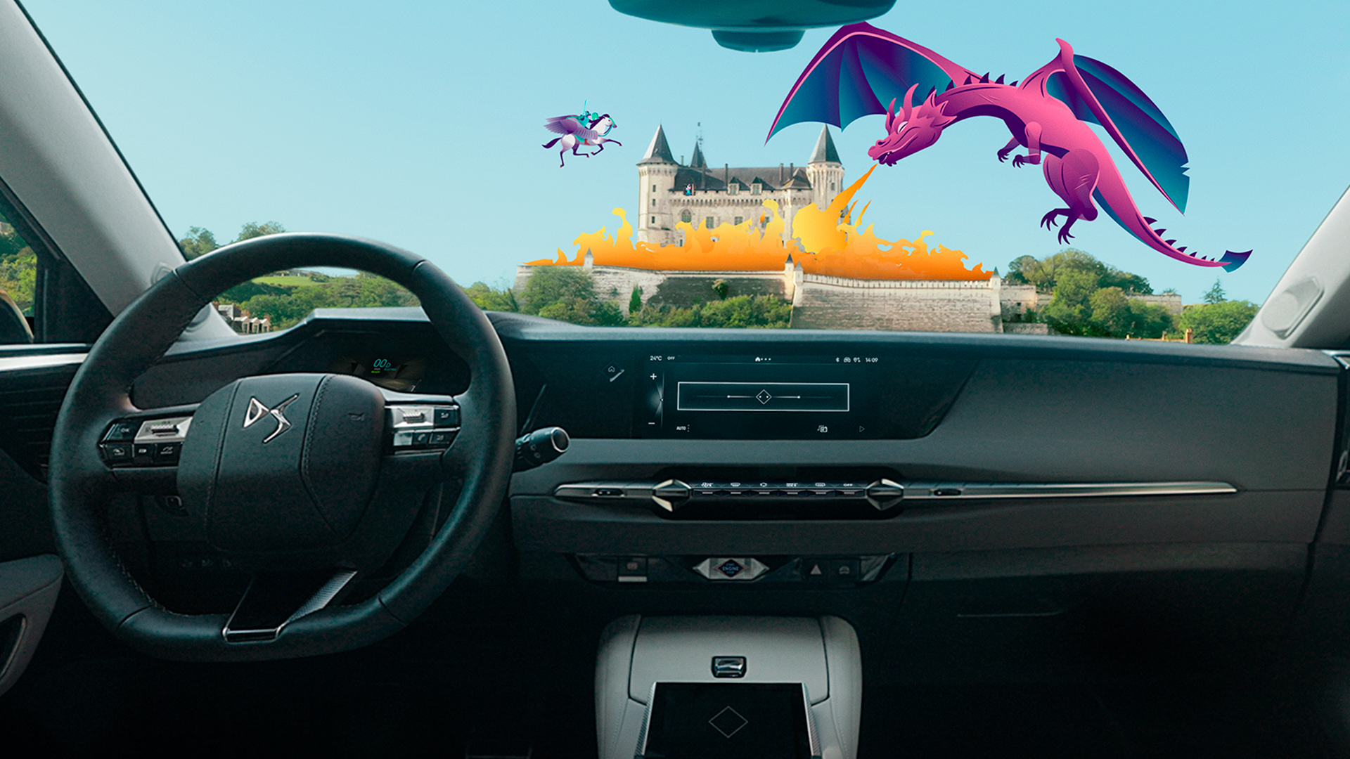 Car window screen with a cartoon castle and dragon superimposed on it